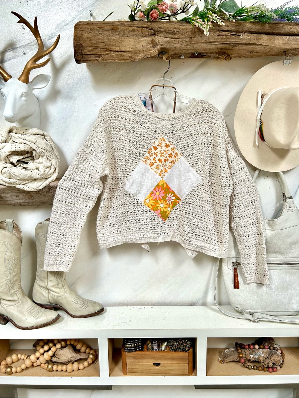 Upcycled patchwork boho Sweater w farmhouse prairie cottagecore hippy vibe